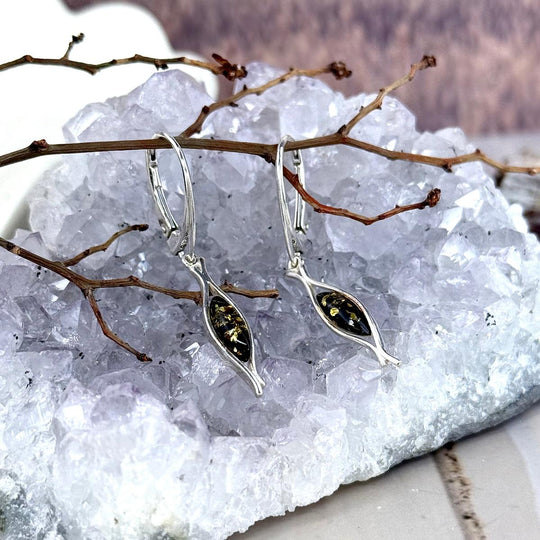 Baltic Green Amber Petite Elongated Marquise Drop Earrings