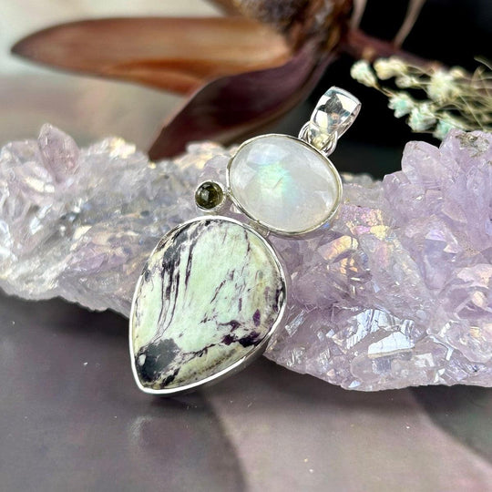 Kammererite, Rainbow Moonstone & Green Tourmaline Pendant