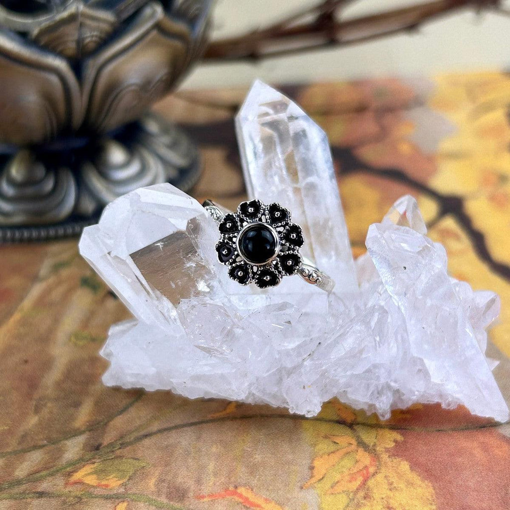 Black Onyx Flower Ring