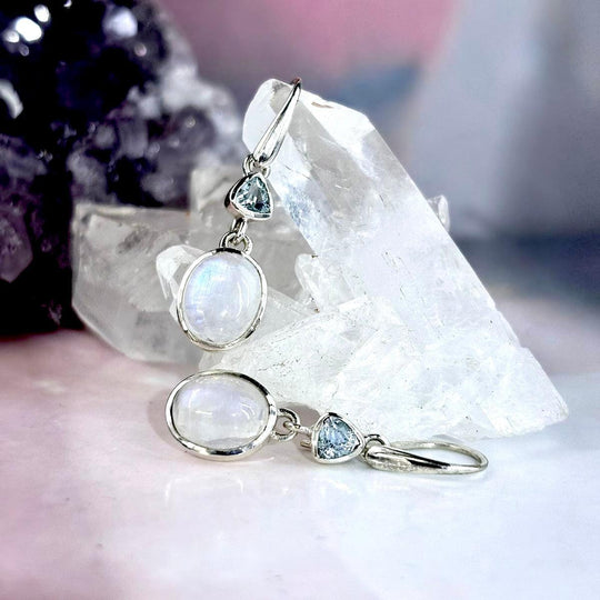 Rainbow Moonstone & Blue Topaz Double Drop Earrings