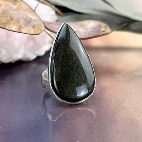 Golden Sheen Obsidian Elongated Teardrop Ring