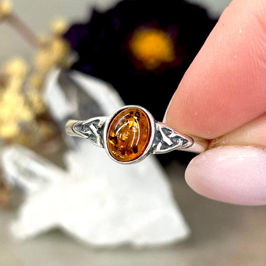 Baltic Cognac Amber Oval Triquetra Ring