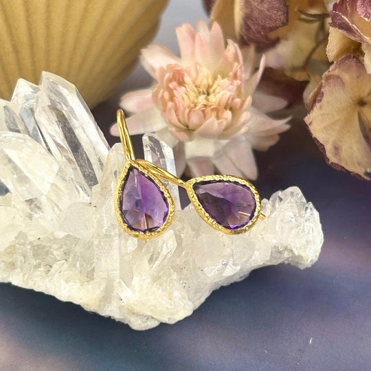 Amethyst Faceted Teardrop Brushed Gold Drop Earrings