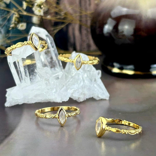 Rainbow Moonstone Marquise Cut Gold Ring