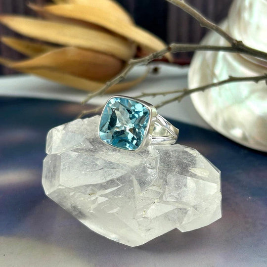 Blue Topaz Square Cut Split Band Ring