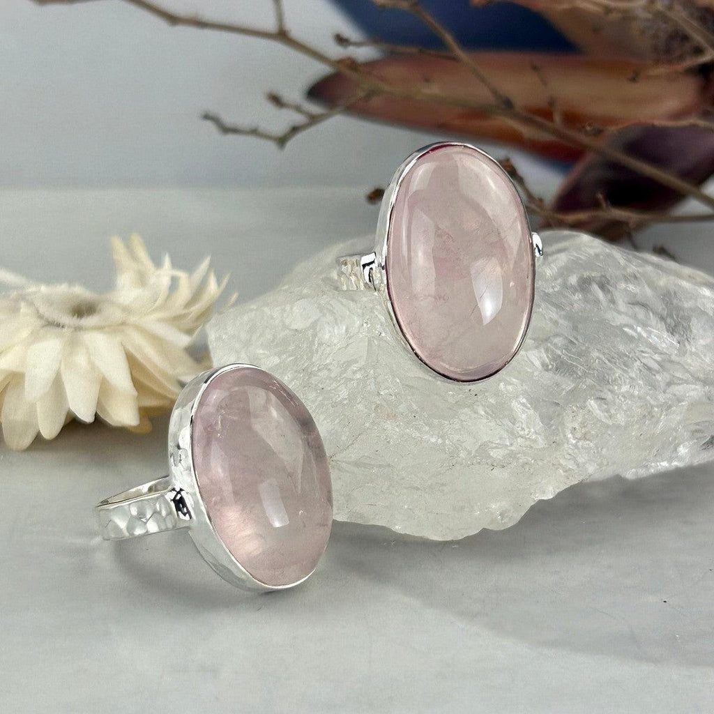 Rose Quartz Battered Silver Ring