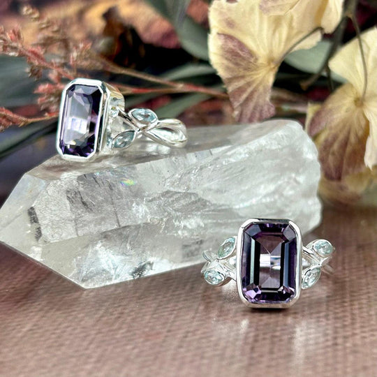 Amethyst & Blue Topaz Emerald Cut Leaf & Vine Band Ring