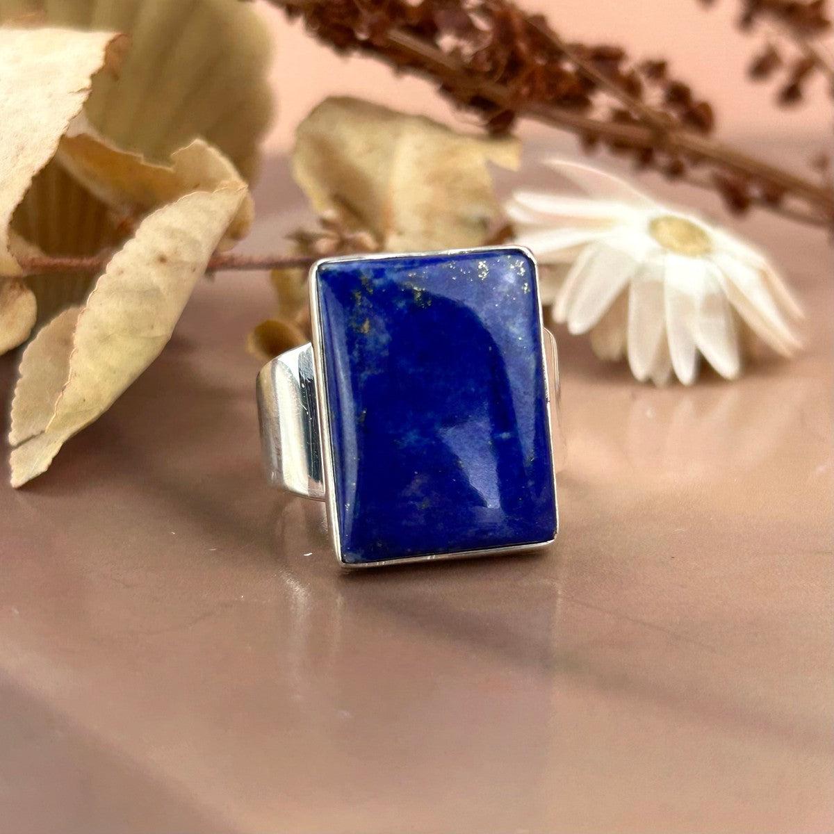 Men's Black Onyx Or Lapis Lazuli Rectangle Ring - Stainless Steel With Black Ion Plating, Size 10, 16mm Wide