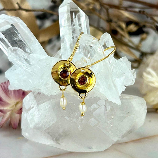 Garnet & Pearl Gold Disc Drop Earrings