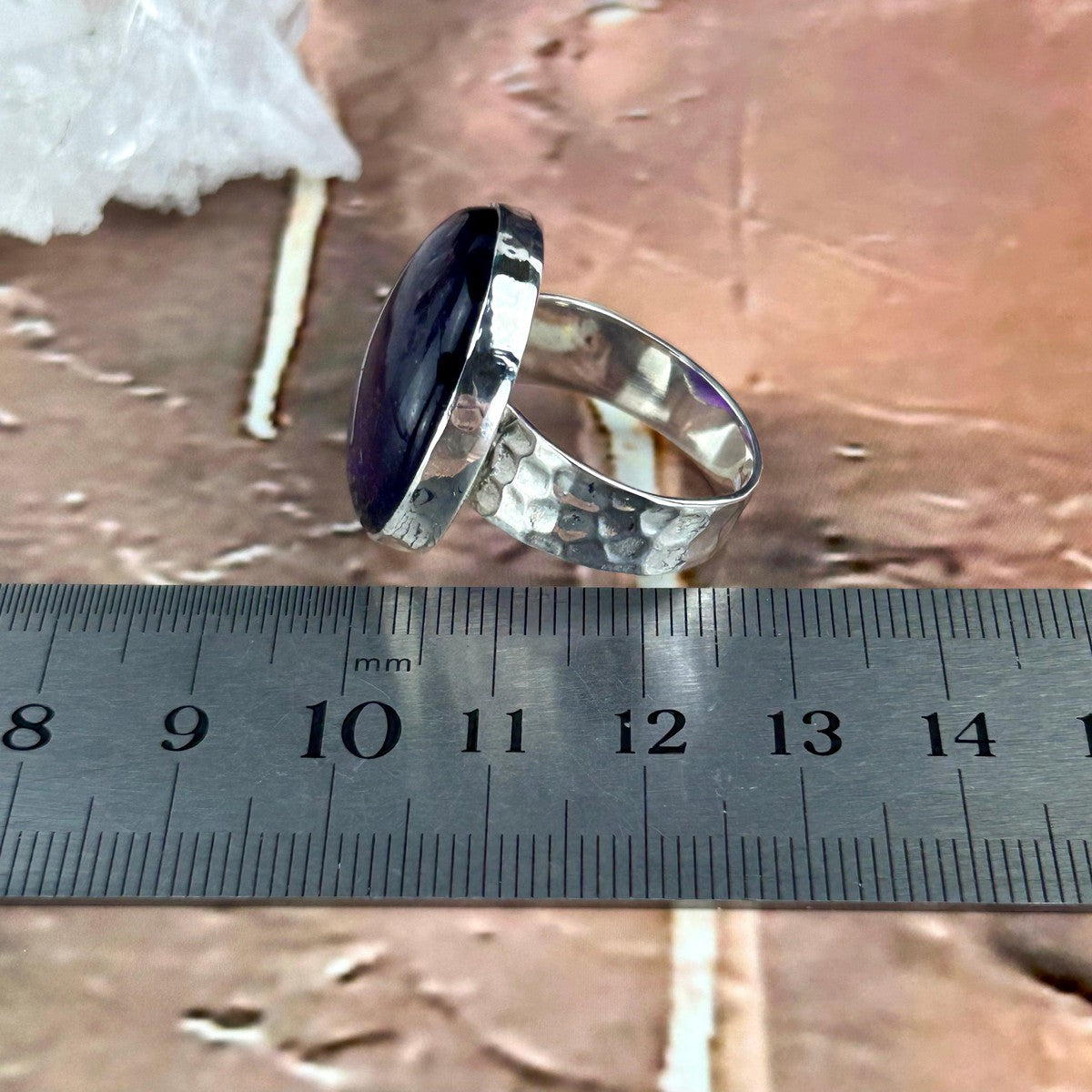 Large Amethyst Battered Silver Ring