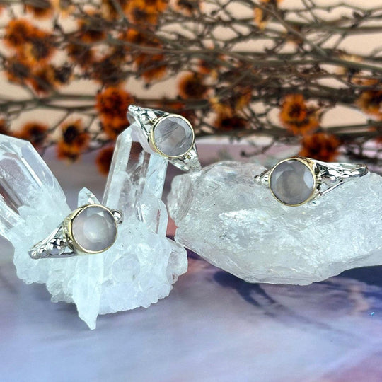 Rose Quartz Brilliant Cut Brass & Silver Band Ring