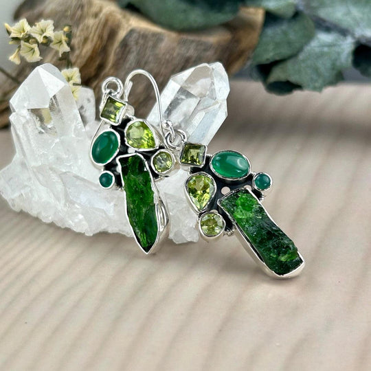 Chrome Diopside, Peridot & Green Onyx Raw & Faceted Drop Earrings