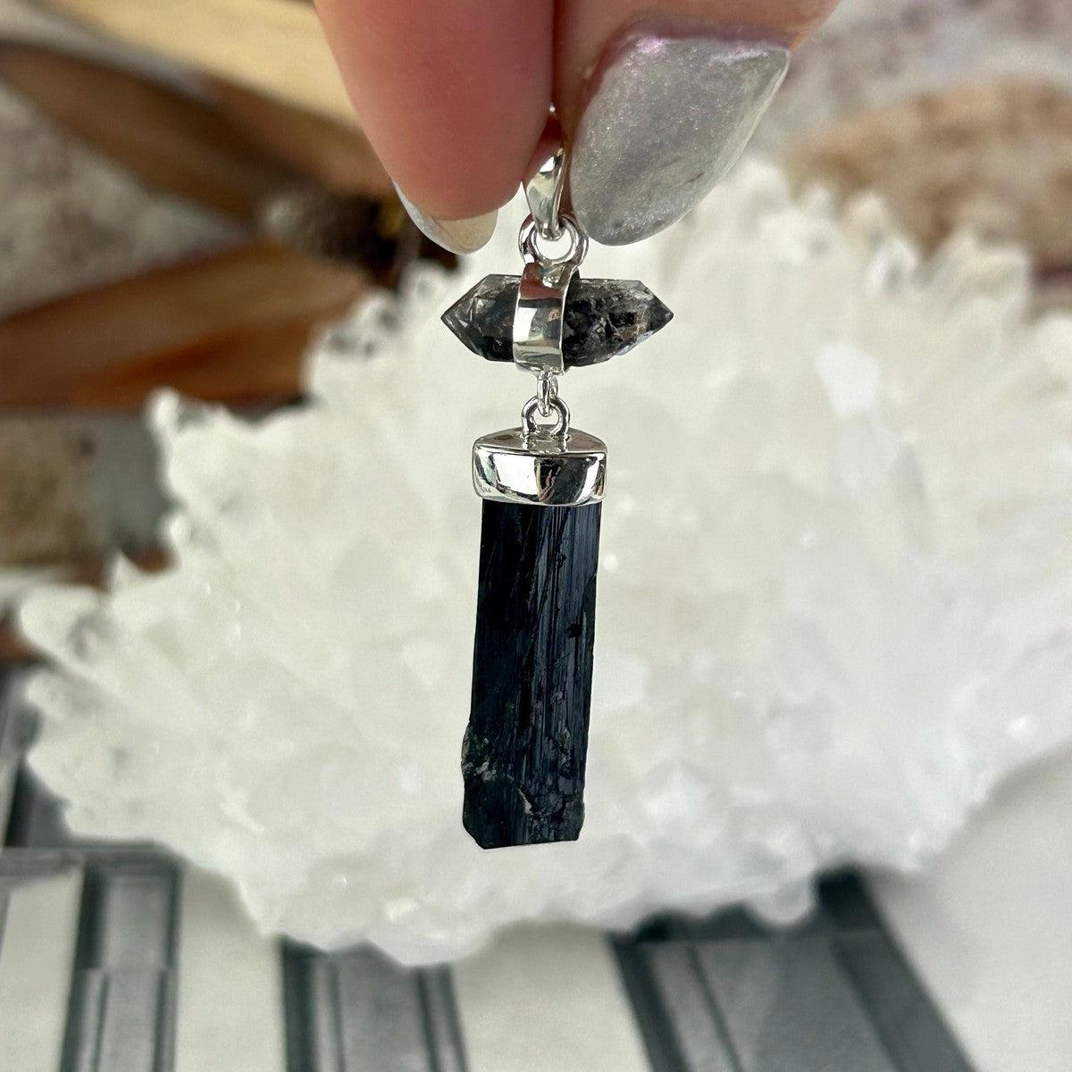 Raw Black Tourmaline And Herkimer Pendant