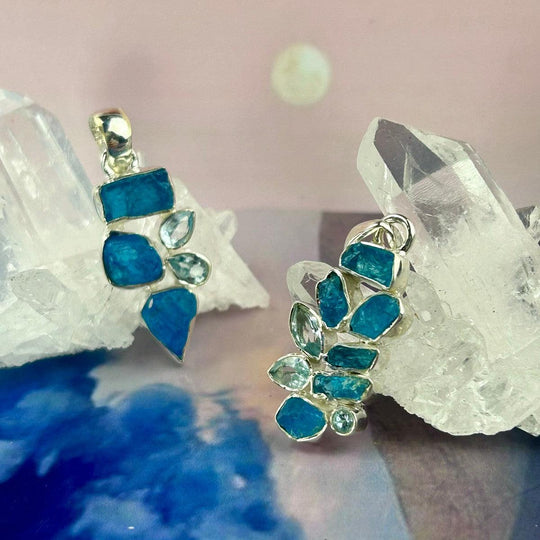 Neon Apatite & Blue Topaz, Raw & Faceted Cluster Pendants