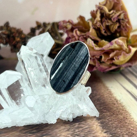 Black Tourmaline Raw Elongated Oval Battered Silver Ring