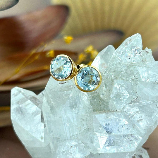 Blue Topaz Brilliant Cut Gold Stud Earrings