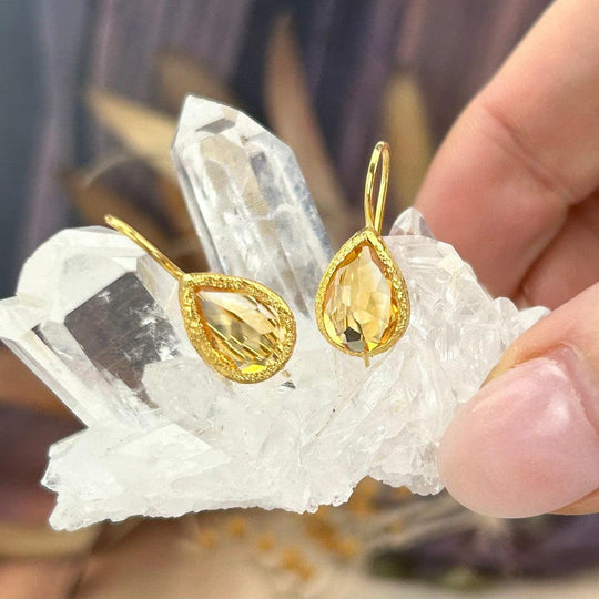 Citrine Faceted Teardrop Brushed Gold Drop Earrings
