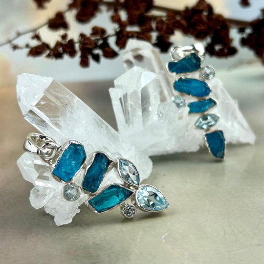 Neon Apatite & Blue Topaz, Raw & Faceted Cluster Pendants