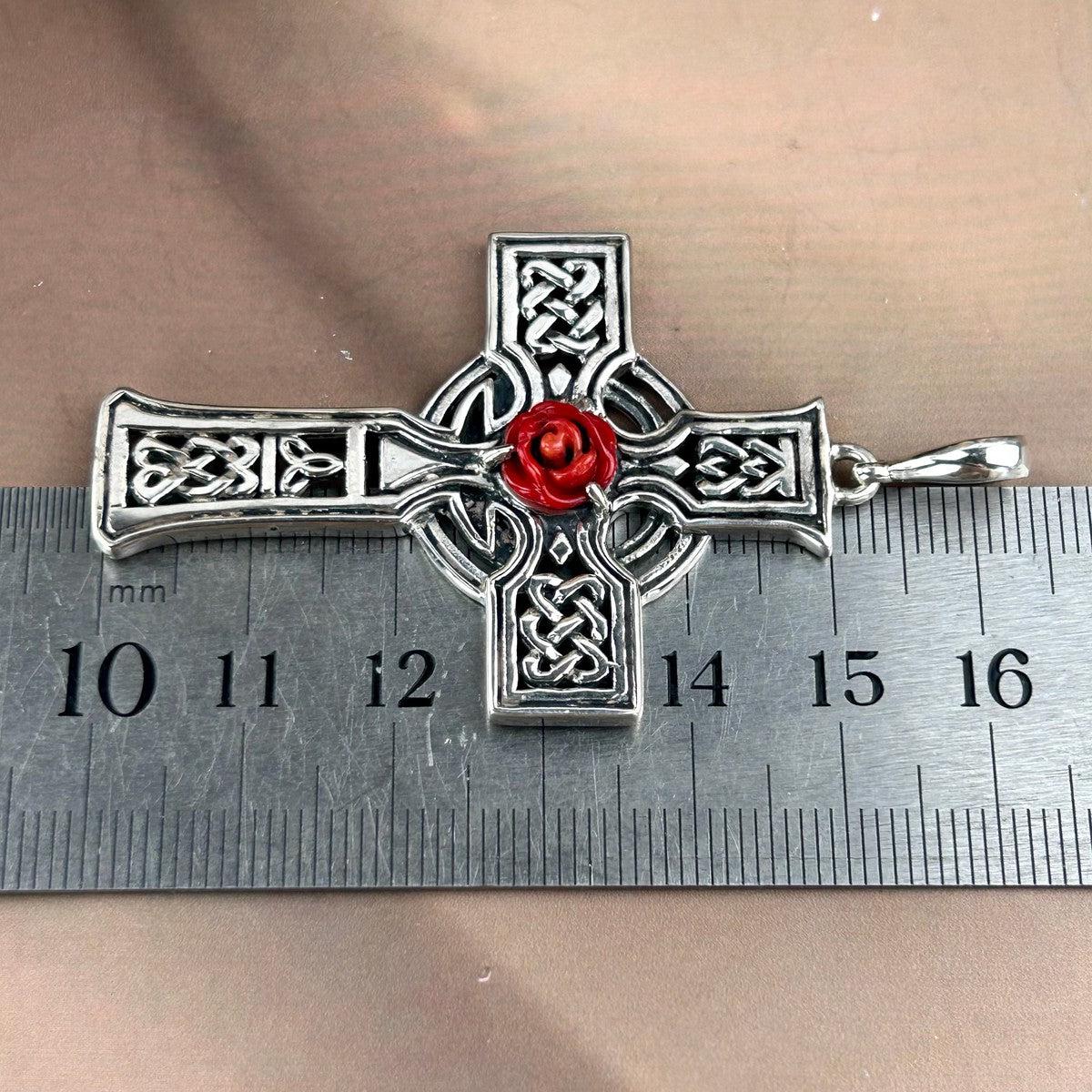 Celtic Viking Cross with Red Rose Pendant