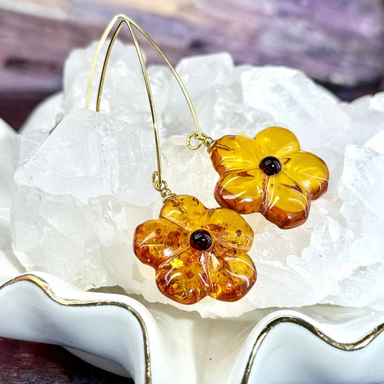 Baltic Amber Etched Flower 18ct Gold Drop Earrings