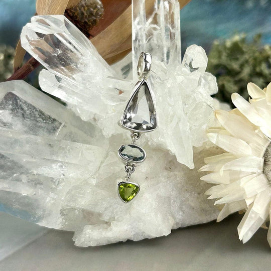 Clear Quartz, Aquamarine & Peridot Triple Drop Pendant