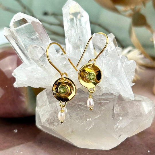 Peridot & Pearl Gold Disc Drop Earrings