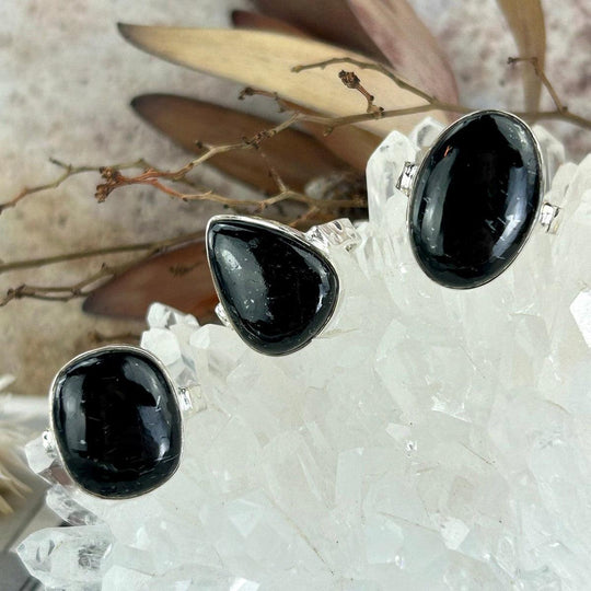 Black Tourmaline Assorted Shape Battered Silver Rings