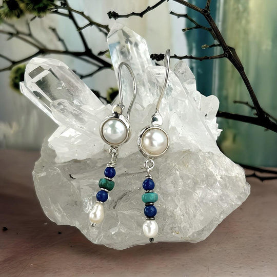 Pearl, Lapis Lazuli & Turquoise Double Drop Earrings