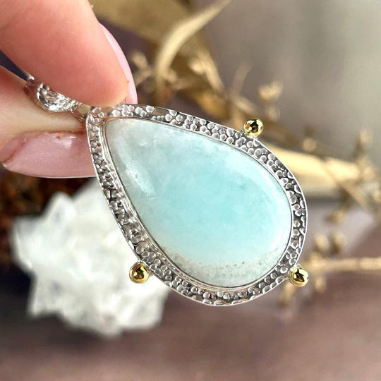 Hemimorphite Teardrop Ornate Etched Silver Pendant