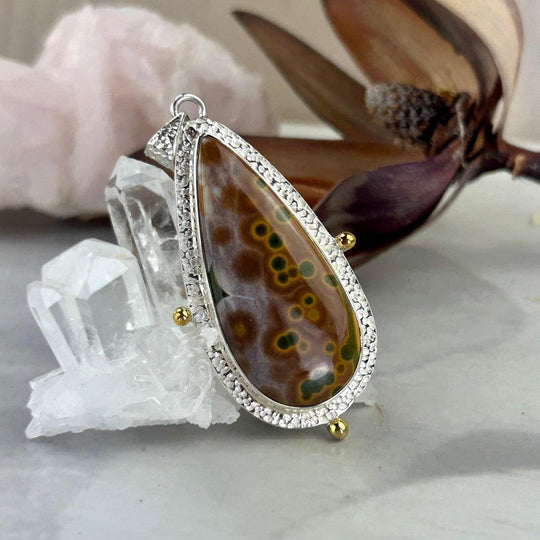 Ocean Jasper Elongated Teardrop Ornate Etched Silver Pendant