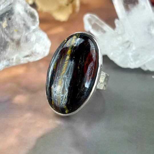 Tiger Iron Elongated Oval Battered Silver Ring