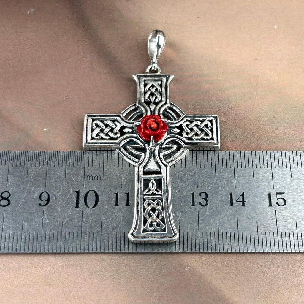 Celtic Viking Cross with Red Rose Pendant