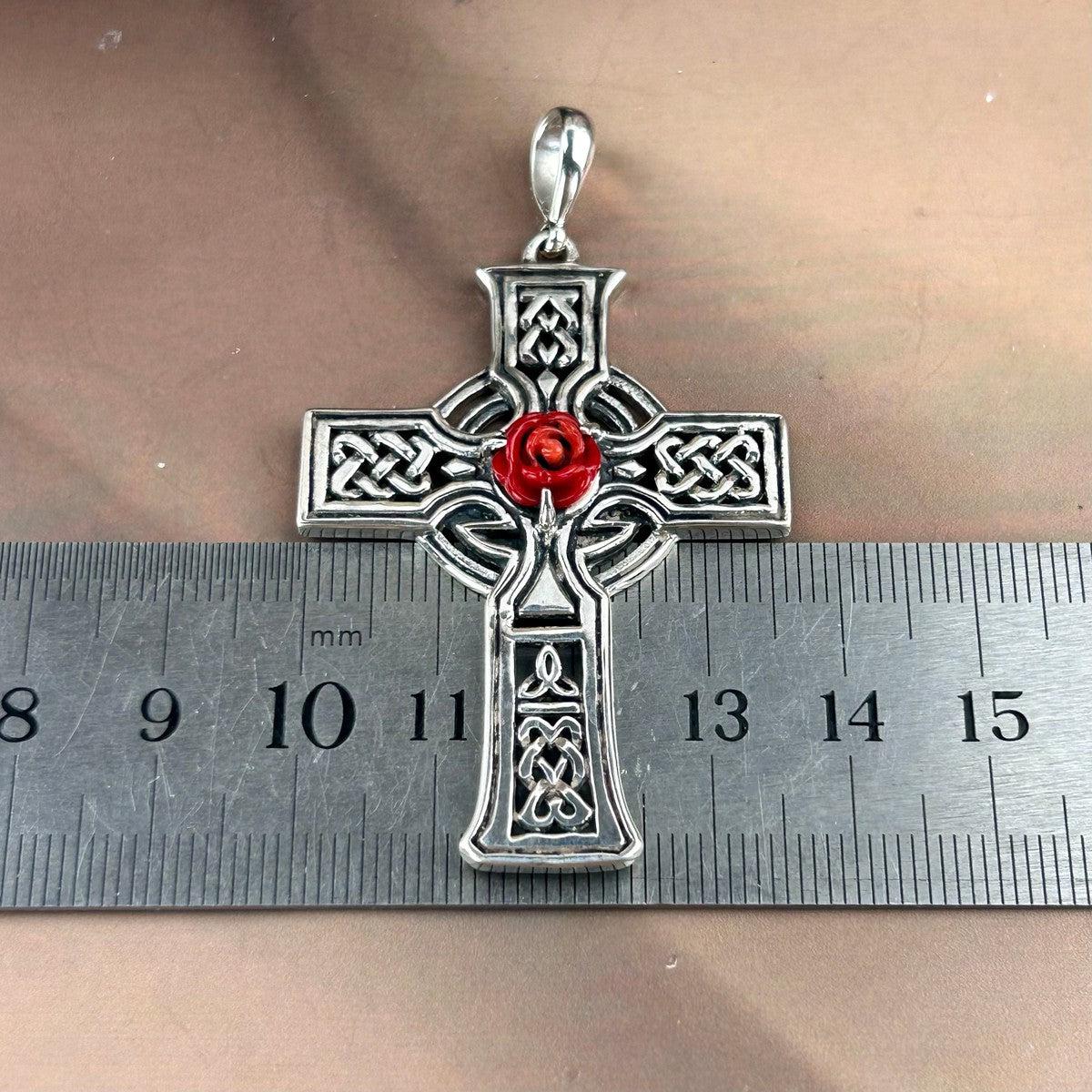 Celtic Viking Cross with Red Rose Pendant