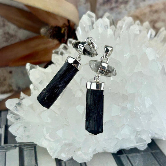 Black Tourmaline Raw Bar & Herkimer Diamond Pendants