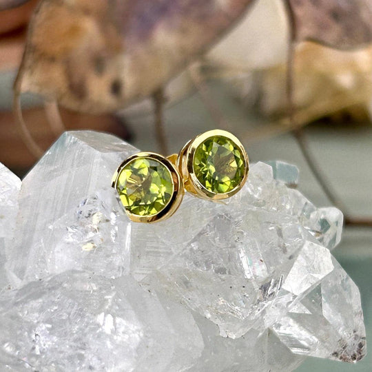Peridot Brilliant Cut Gold Stud Earrings