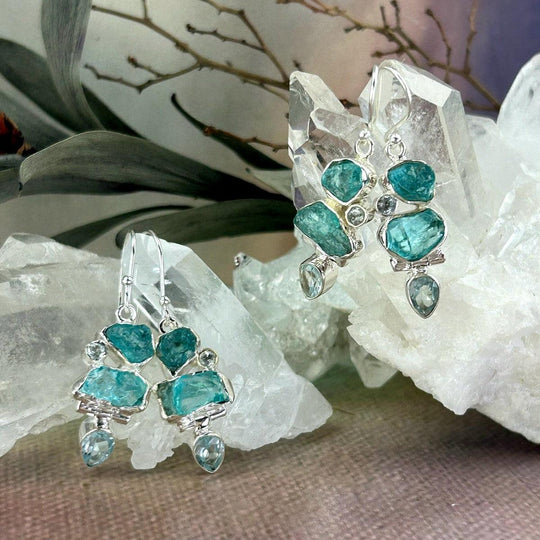 Apatite & Blue Topaz, Raw & Faceted Drop Earrings