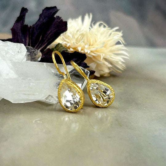 Clear Quartz Teardrop Cut Brushed Gold Drop Earrings