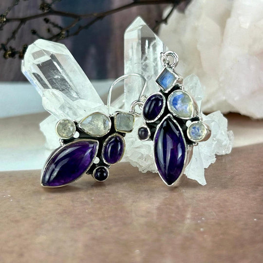 Amethyst & Rainbow Moonstone Multi Cut Drop Earrings