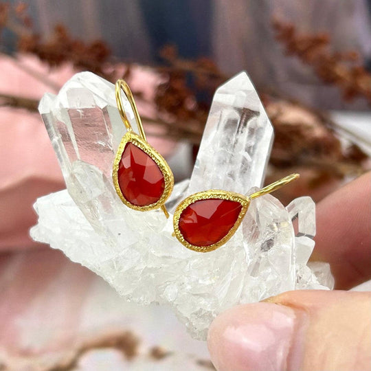 Carnelian Faceted Teardrop Brushed Gold Drop Earrings