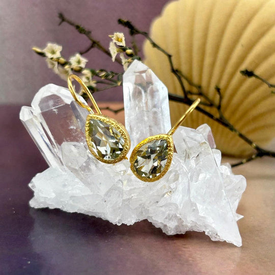 Green Amethyst Teardrop Cut Brushed Gold Drop Earrings