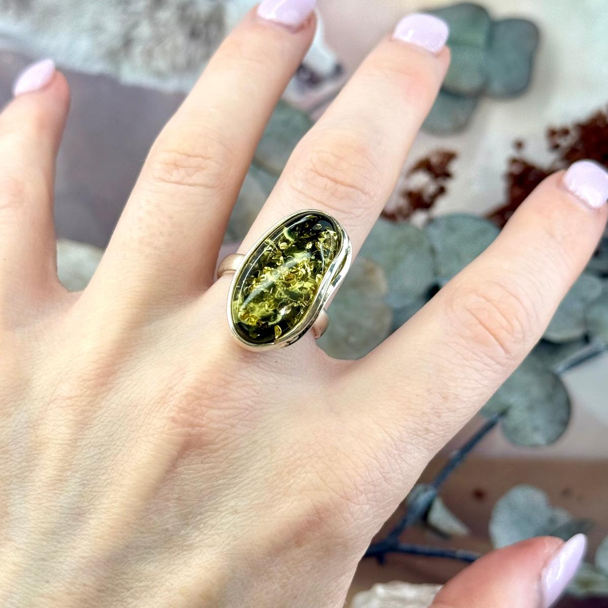 Oval Green Amber Ring