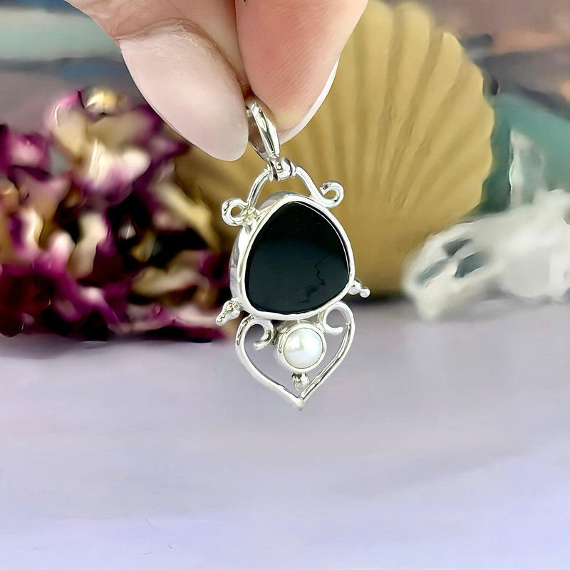 Black Onyx & Pearl Filigree Pendant