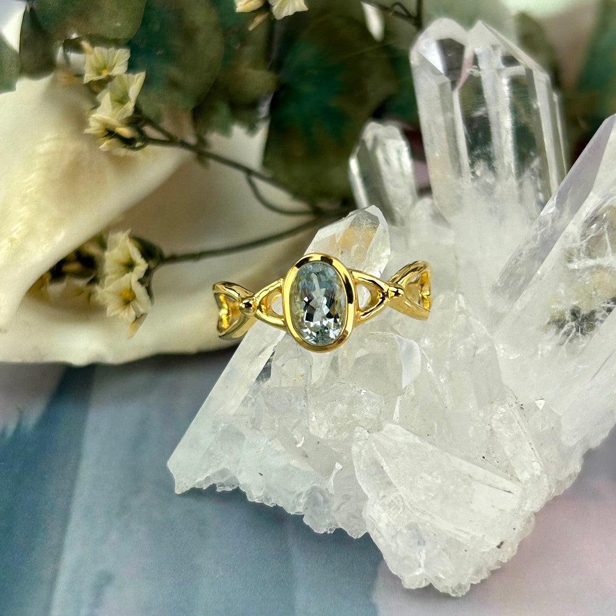 Aquamarine Cross Wave Gold Ring