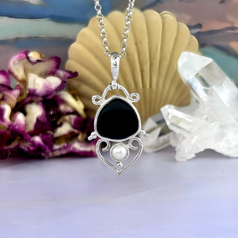 Black Onyx & Pearl Filigree Pendant