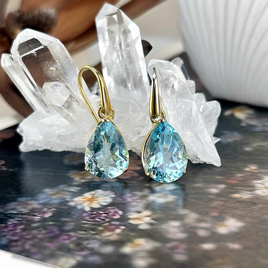 Blue Topaz Teardrop Gold Drop Earrings