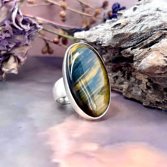 Golden-Blue Tiger’s Eye Elongated Oval Ring