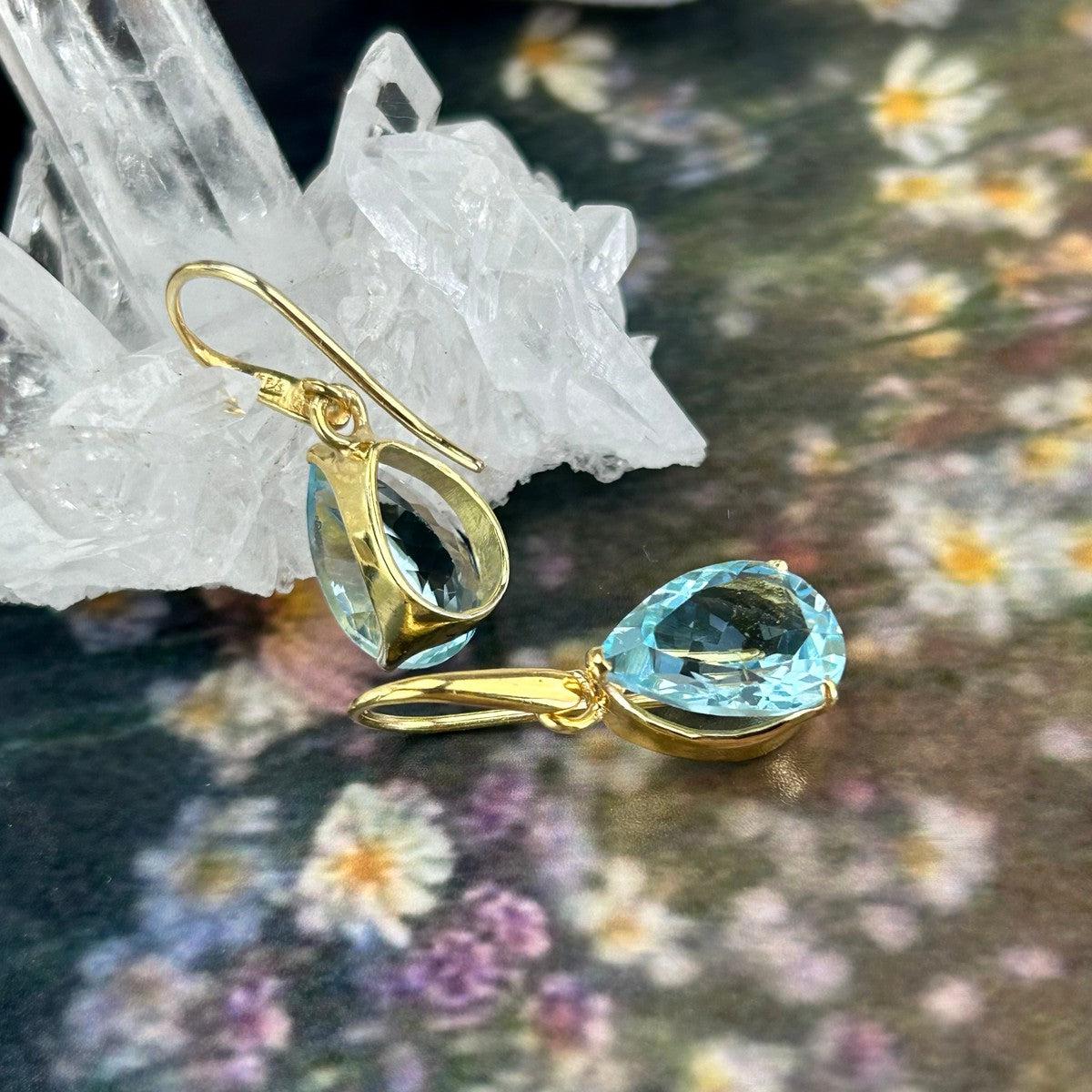 Blue Topaz Gold Drop  Earrings