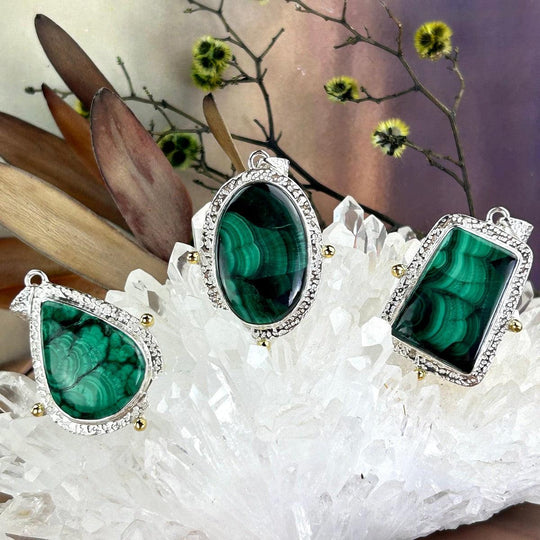 Malachite Assorted Shape Etched Silver Pendants