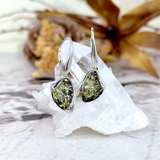 Baltic Green Amber Fan Drop Earrings