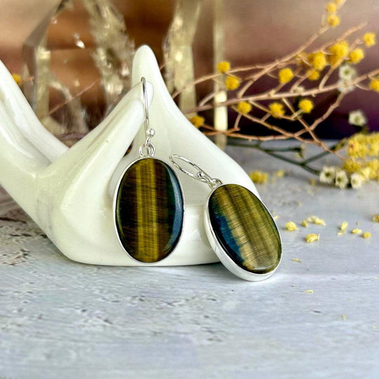 Golden-Blue Tiger’s Eye Oval Drop Earrings